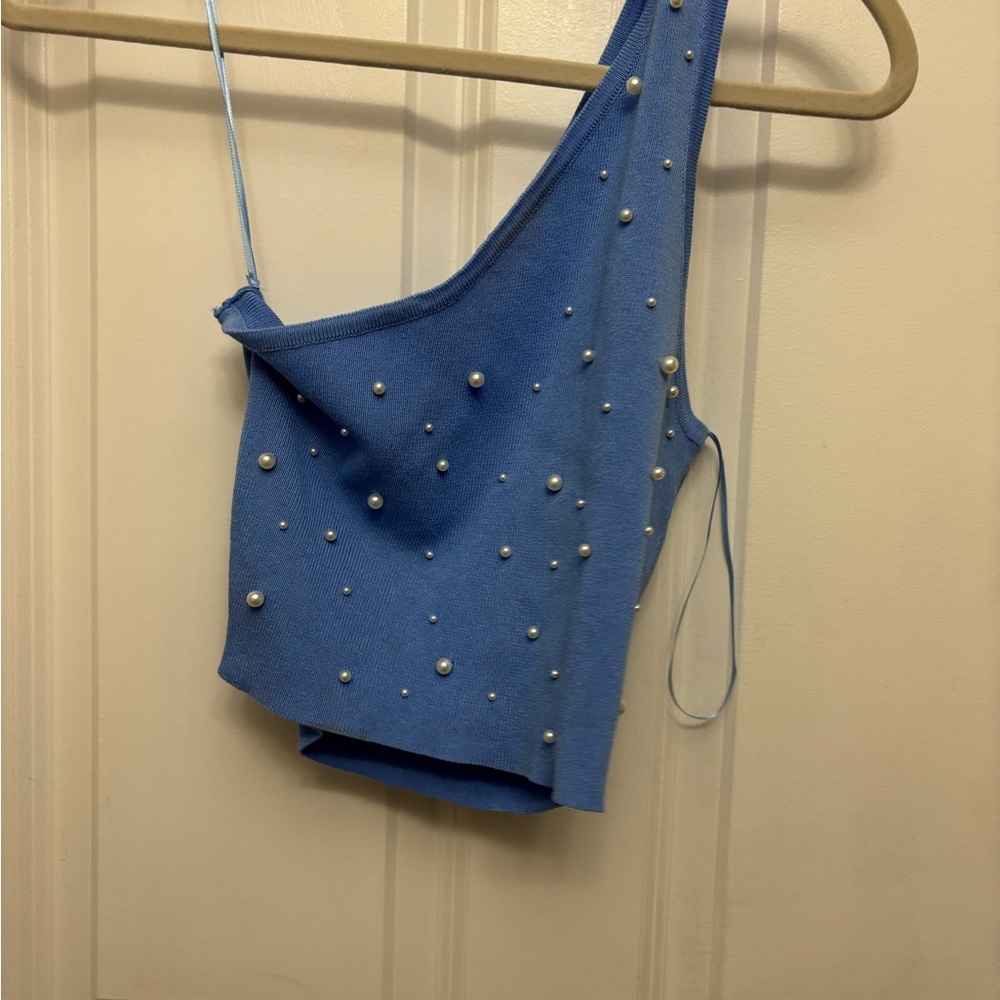 Blue Pearl-Embellished Women's Top